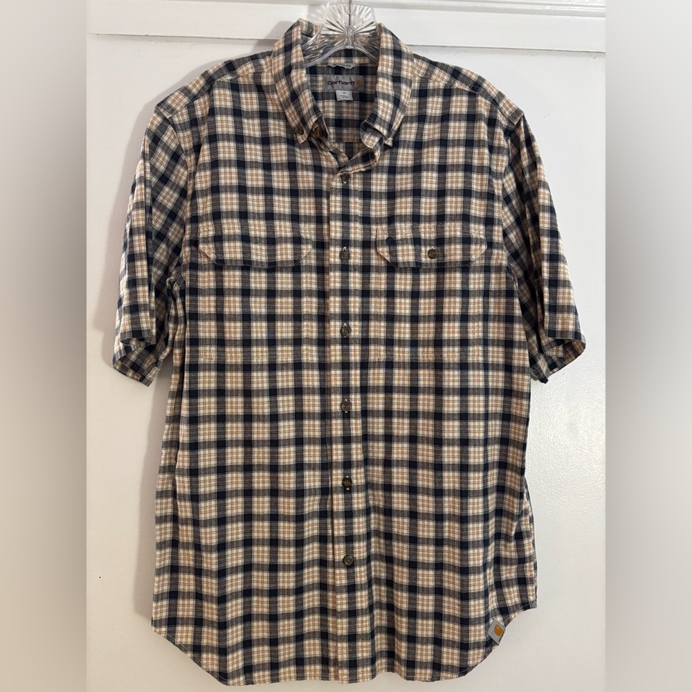Carhartt Men's Black and Tan Plaid Button Down Shirt Medium EUC